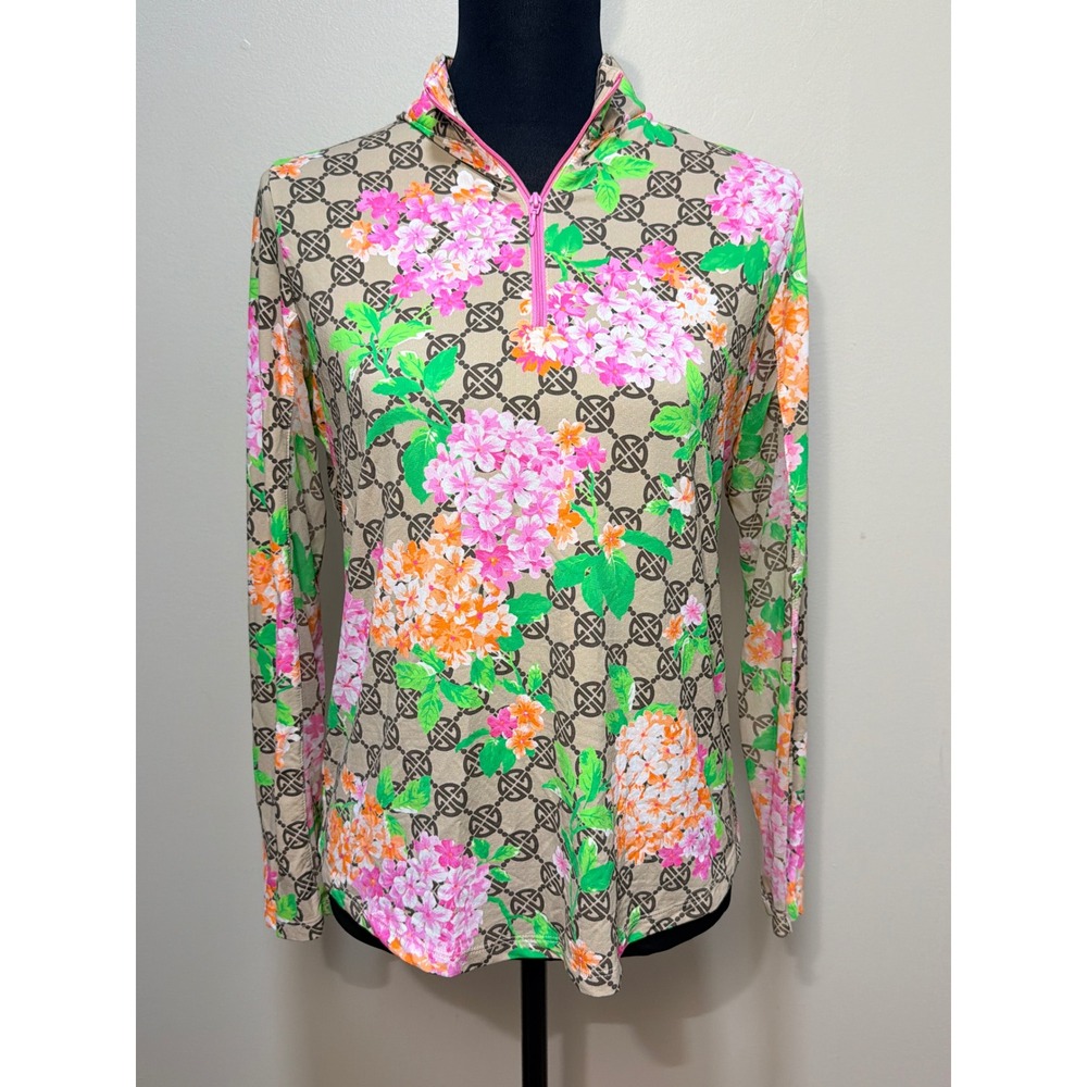 G Lifestyle Golf Mock Neck Top Size Medium Floral 1/4 Zip UPF 50 Mesh Sun